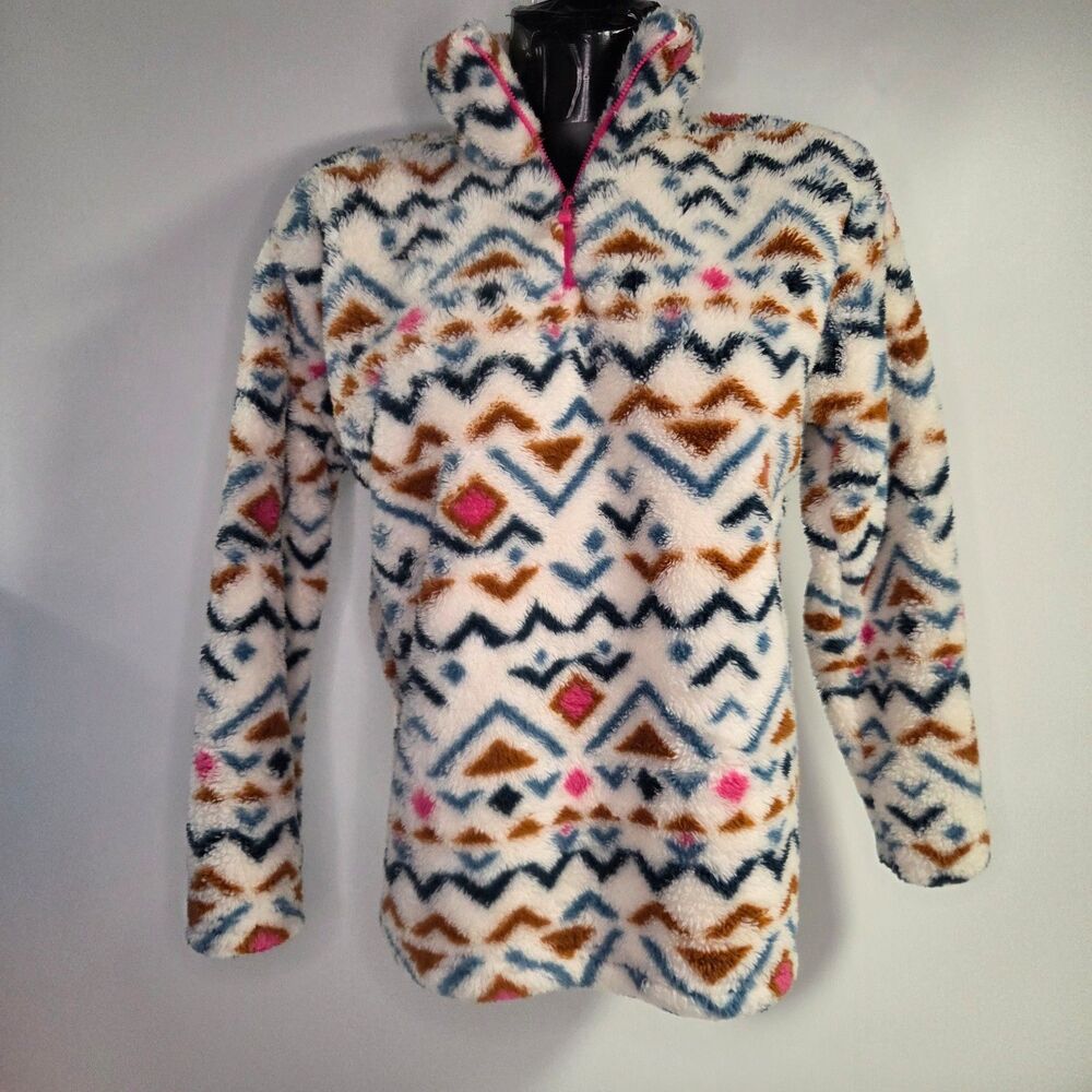 Eddie Bauer Women's Aztec Print Sherpa Fleece Mock Neck 1/4 Zip Pullover Medium
